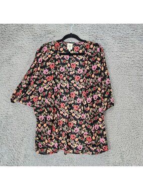 Self Esteem Top Womens XL Floral Dolman Short Sleeve Sheer Duster